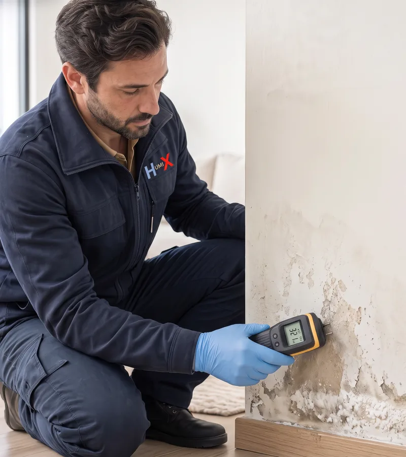 Rising damp and blown plaster at the bottom of a wall in Newcastle